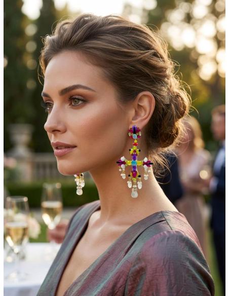 PENDIENTES INVITADA DE BODA LARGOS CRUZ MULTICOLOR | TRAJE FLAMENCA