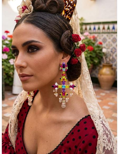 PENDIENTES INVITADA DE BODA LARGOS CRUZ MULTICOLOR | TRAJE FLAMENCA