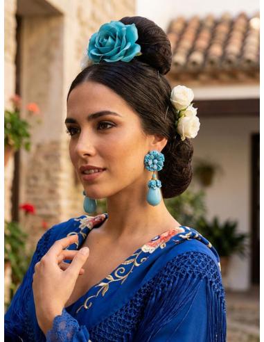 PENDIENTES DE PIEDRA AZUL TURQUESA FLOR Y LAGRIMA | MADRINA INVITADA Y FLAMENCA