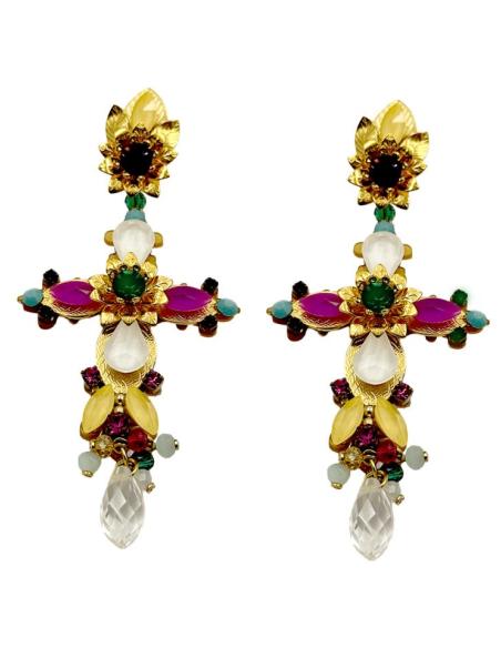 PENDIENTES INVITADAS LARGOS DE CRUCES MULTICOLORES | TRAJE FLAMENCA