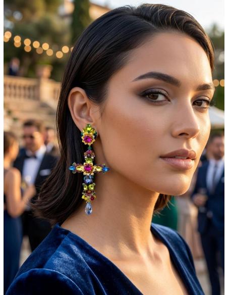 PENDIENTES INVITADA DE BODA LARGOS CRUZ MULTICOLOR | TRAJE FLAMENCA