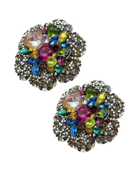 PENDIENTES CORTOS ROSETON MULTICOLOR PARA MADRINA | BODA DE TARDE