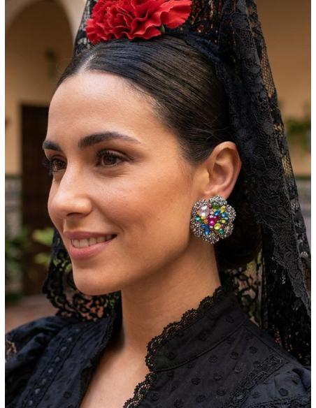 PENDIENTES CORTOS ROSETON MULTICOLOR PARA MADRINA | BODA DE TARDE