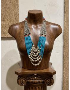 COLLAR LARGO DE MUJER AZUL TURQUESA PIEDRA Y HUESO | ESTILO TRIBAL