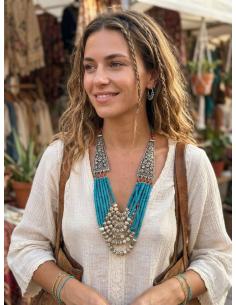 COLLAR LARGO DE MUJER AZUL TURQUESA PIEDRA Y HUESO | ESTILO TRIBAL 2