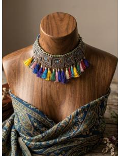CHOKER PLATEADO AFGANO CON BORLAS MULTICOLOR | ESTILO TRIBAL