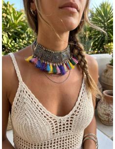 CHOKER PLATEADO AFGANO CON BORLAS MULTICOLOR | ESTILO TRIBAL 2