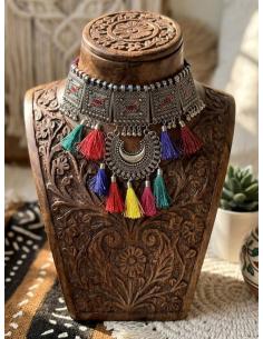 CHOKER PLATEADO AFGANO CON BORLAS MULTICOLOR | ESTILO BOHO