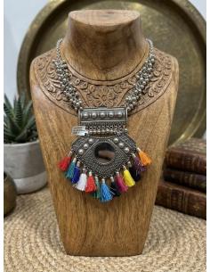 COLLAR AFGANO PLATEADO CON BORLAS MULTICOLOR | ESTILO BOHEMIO
