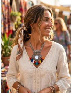COLLAR AFGANO PLATEADO CON BORLAS MULTICOLOR | ESTILO BOHEMIO 2
