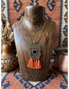 COLLAR AFGANO DORADO CON BORLAS NARANJAS | ESTILO ETNICO