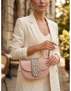 BOLSO DE FIESTA CON ASA Y DECORACION DE CRISTAL COLOR ROSA NUDE 2