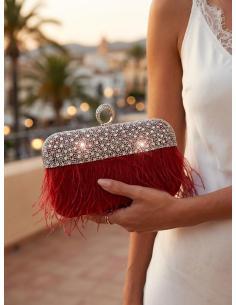 CLUTCH ROJO DE FIESTA CON PLUMAS Y CRISTALES 2