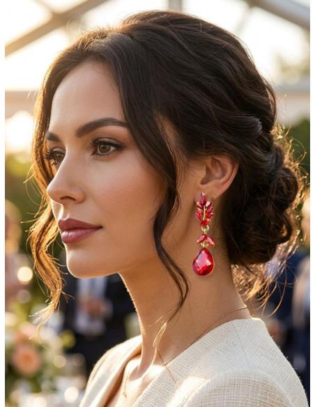 PENDIENTES LARGOS MUJER ROJOS DE CRISTAL PARA BODA