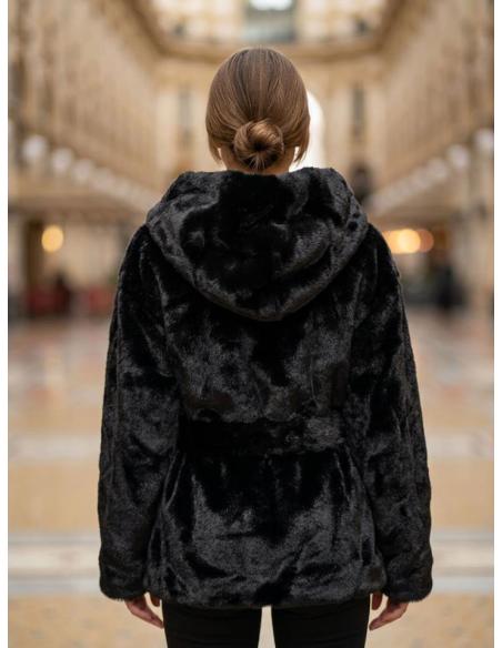 ABRIGO NEGRO PARA MUJER CORTO DE PELO EFECTO VISON | OTOÑO INVIERNO
