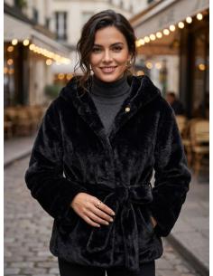 ABRIGO NEGRO PARA MUJER CORTO DE PELO EFECTO VISON | OTOÑO INVIERNO 2