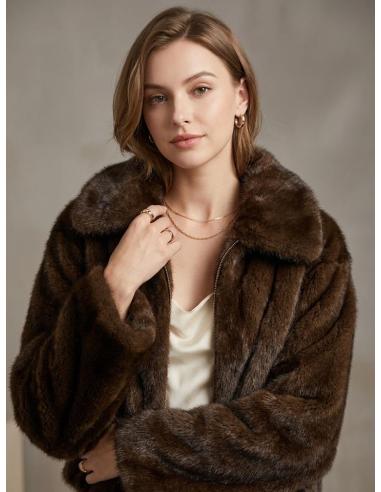 ABRIGO CORTO DE PELO EFECTO VISON MARRON CHOCOLATE PARA MUJER | OTOÑO INVIERNO