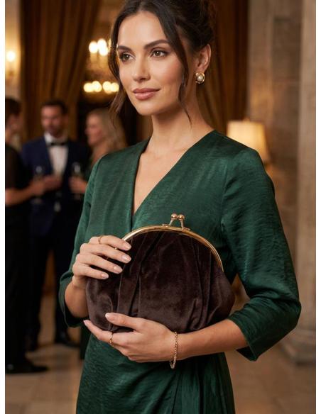 BOLSO DE FIESTA DE BOQUILLA MEDIA LUNA TERCIOPELO CASUAL VINTAGE COLOR MARRON CHOCOLATE