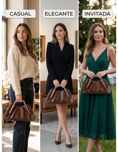 BOLSO CASUAL ELEGANTE URBANO OTOÑO INVIERNO CON ASA GEOMETRICA MARRON ROJIZO TEJA MOCHA