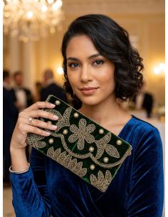 BOLSO PARA INVITADA VERDE BOTELLA CARTERA PEDRERIA | BODA INVIERNO 2
