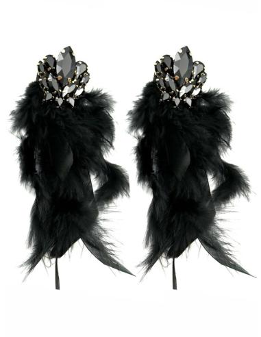 PENDIENTES NEGROS LARGOS PLUMAS Y CRISTAL BRILLO | FIESTA OTOÑO INVIERNO