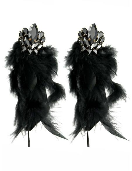 PENDIENTES NEGROS LARGOS PLUMAS Y CRISTAL BRILLO | FIESTA OTOÑO INVIERNO