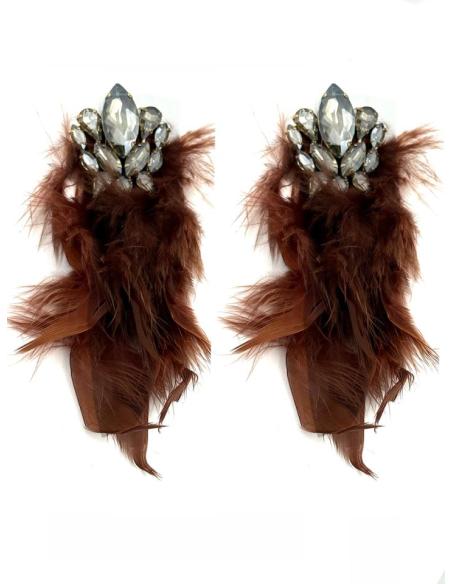 PENDIENTES MARRONES TEJA CRISTAL Y PLUMA LOOK TENDENCIA | EFECTO EAR-FRAMING