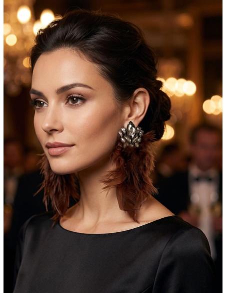 PENDIENTES MARRONES TEJA CRISTAL Y PLUMA LOOK TENDENCIA | EFECTO EAR-FRAMING